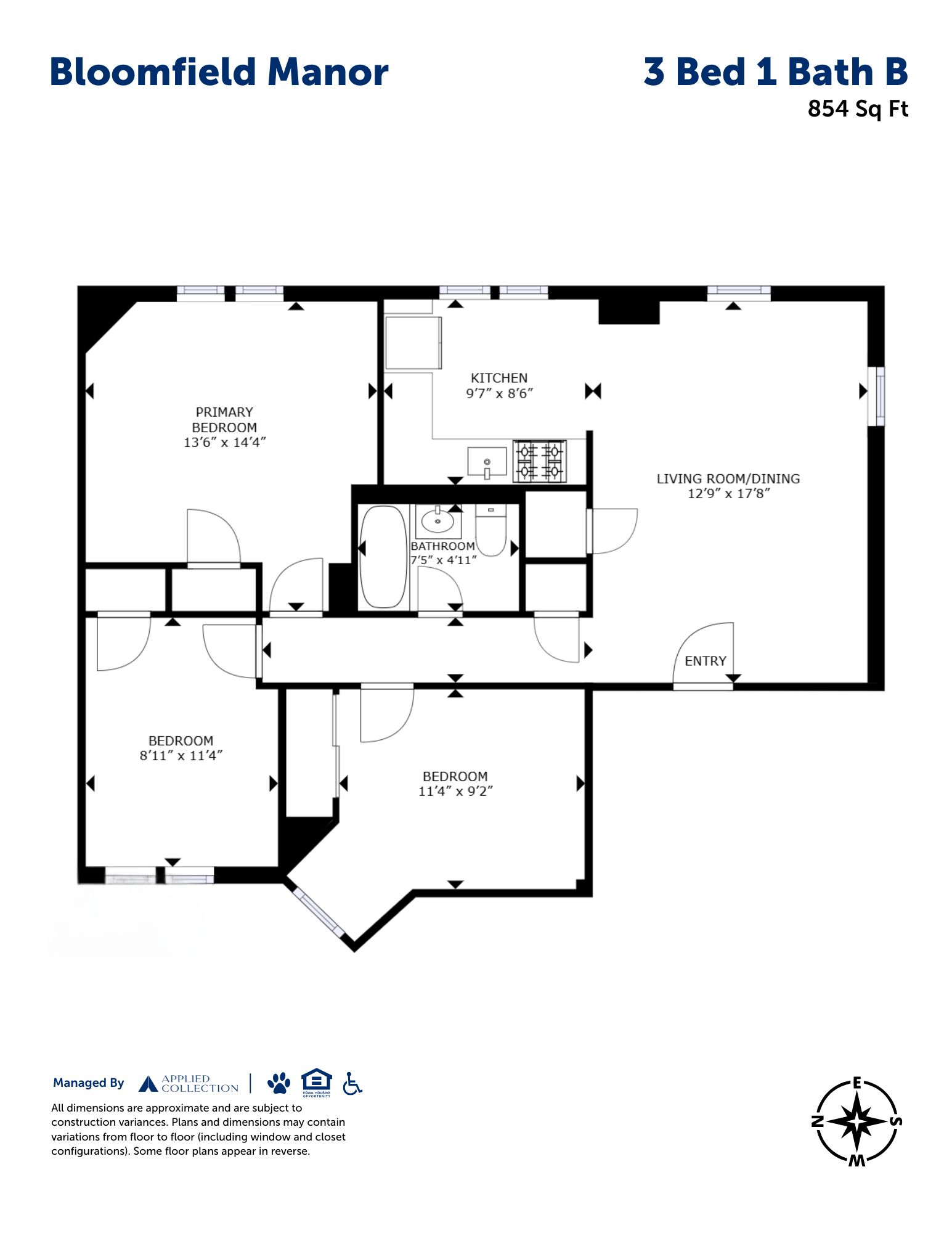 Floor plan for 3 beds, 1 bath, 854 sqft